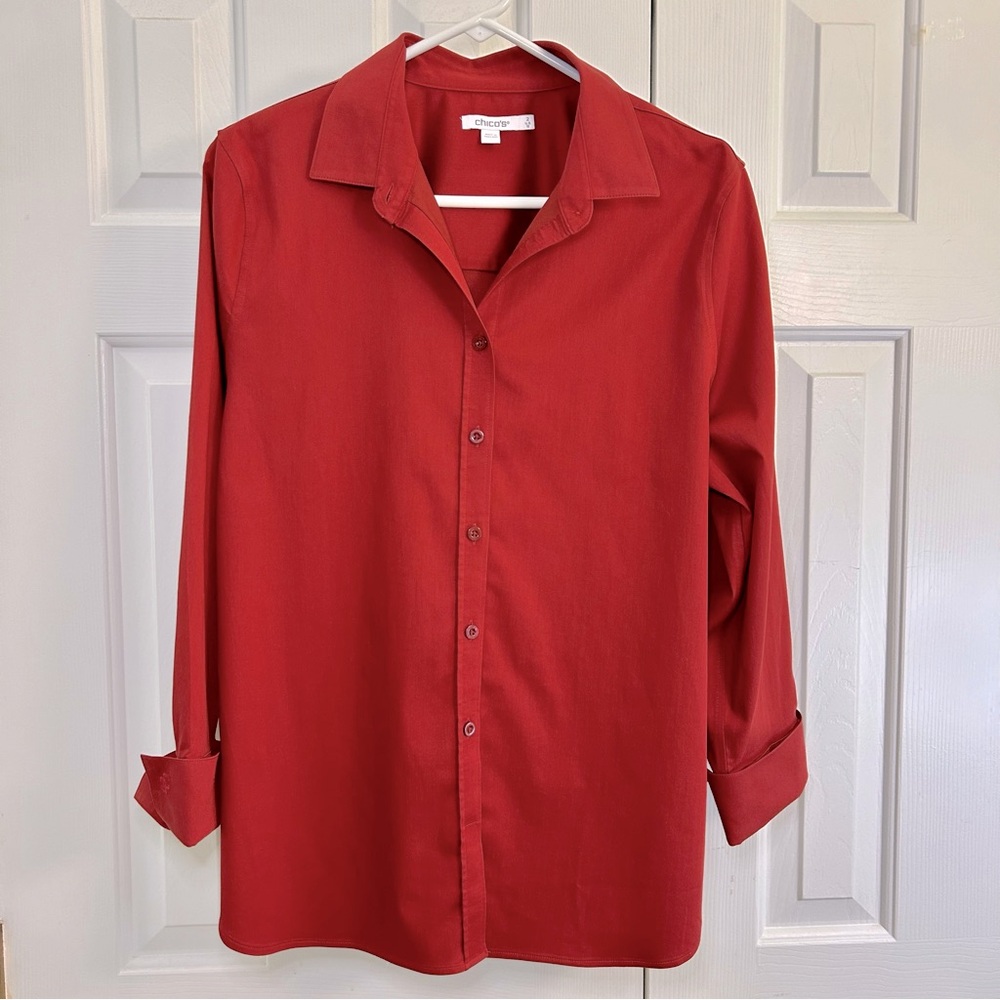 Chico’s Brick Red Orange Button Down Collared Cuff Long Sleeve Tunic Top Sz 12